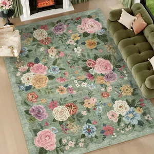 Amoami Floral Washable Area Rug, Vintage Botanical Carpet, Soft Lightweight Rug, Non Slip TPR Backing, Machine Washable Indoor Rug for Living Room, Bedroom and Home Decor