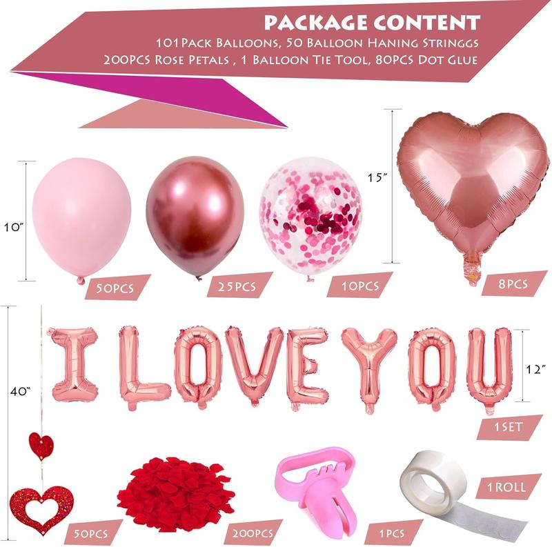 Valentines Day Balloons Kit, 101 Pack Rose Gold Pink Heart Balloons with Rose Petals, I Love You Balloons for Anniversary Mothers Day Wedding Romantic Decorations Special Night,VA-BA-01