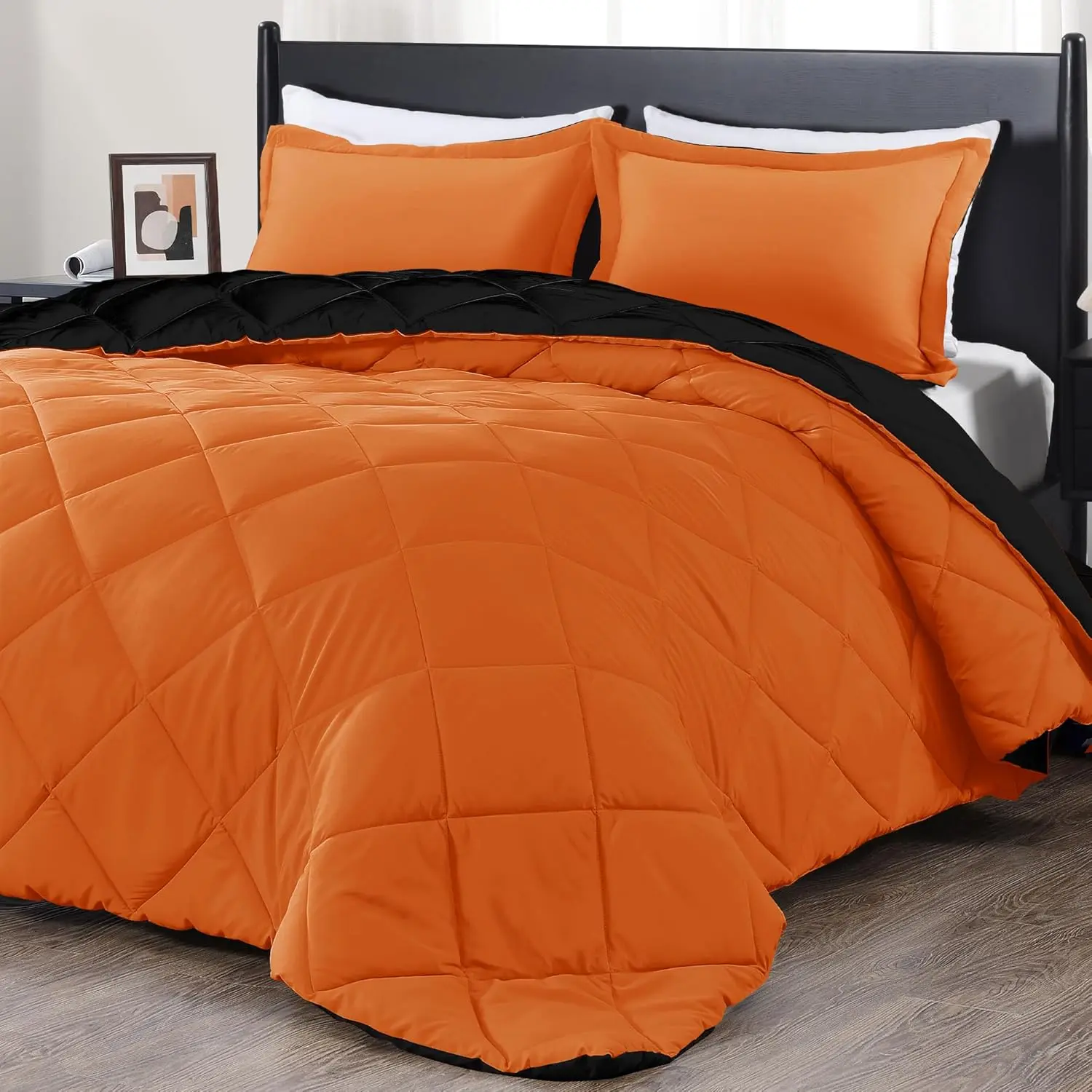 Queen Comforter - Orange and Black Queen Comforter, Sets for Seasons -3 - 1 Comforter (88"x92") and 2 Pillow Shams(20"x26")