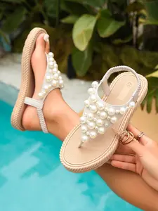 Fairy Style Pearl Sandals, Summer New Flat Weave Sandals, Beach Vacation Casual Roman Shoes, Women's Comfortable Footwear