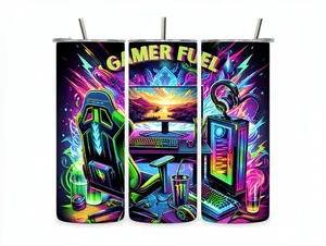 Gamer Fuel Themed Stainless Steel Insulated Tumbler with Straw Lid, Reusable Neon Gaming Setup Aesthetic Travel Cup, Gift for Adult Gamers