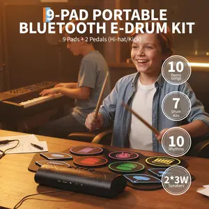 Portable 9-Pad Electronic Drum Pad - Roll-Up Design, Wireless, Color Lights, Built-In Speaker, Headphone Jack, Ideal for Beginners and Kids