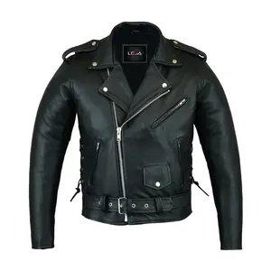 Men’s Black Leather Motorcycle Jacket – Classic Brando Cowhide Biker Jacket with Belted Waist, Asymmetrical Zipper & Quilted Lining