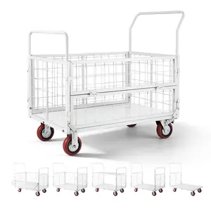 Platform Truck Cart With Cage, 2000 Lb Capacity, 6-In-1 Foldable Flatbed Cart With Swivel Wheels, Heavy-Duty Hand Truck, Multi-Functional Push Dolly For Grocery And Laundry, 44.5 x 26.6 x 42.1 In