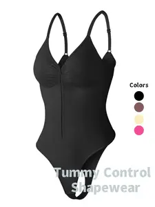 Women's Seamless Smooth Shapewear Bodysuit, Front Zipper Design, Tummy Control Thong Style, All Seasons Wearable, Comfortable Fit, Underwear