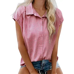 Womens Button Down Shirts Short Cap Sleeve Summer Cotton V Neck Collared Stripes Blouses Casual Plaid Tops