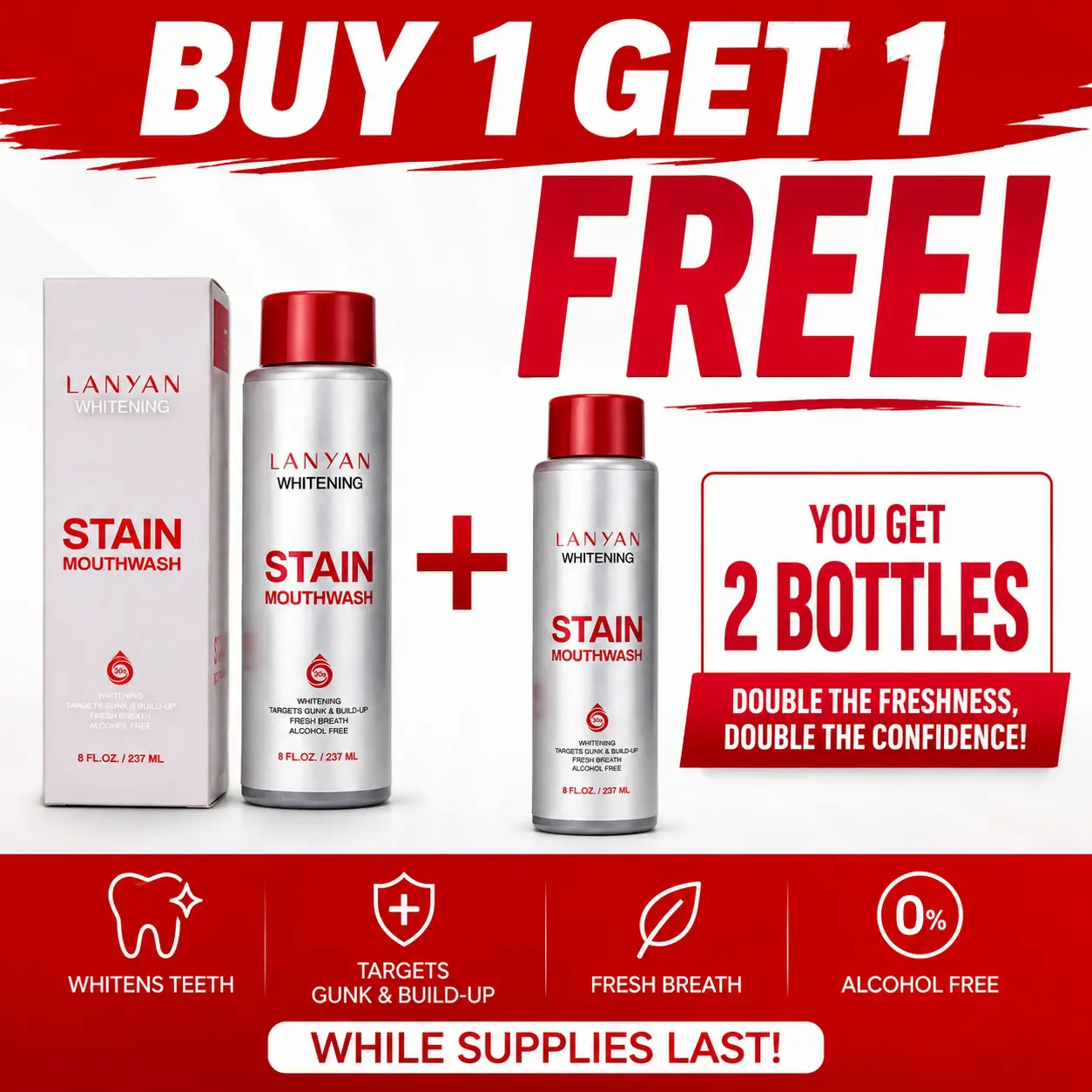Alcohol Free Stain-Removing Mouthwash, Deep Cleans Gunk & Refreshes Breath, Gentle Oral Care, Long-Lasting Freshness, 8OZ