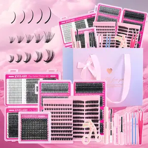 DIY Lash Extension Kit with Lash Bond&Seal Remover Tweezer Dual-Ended Brush Lash Curler Easy to Use for Beginners Cat Eye, Soft, Natural, Fluffy, Individual, Eye Lash Clusters, Cluster Eyelash Extensions, Bulk Pack False Eyelashes