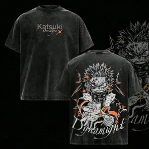 Vintage Washed Katsuki Bakugo My Hero Academia Oversized T-Shirt Double-Sided Anime Graphic Tee Casual Streetwear For Men Women