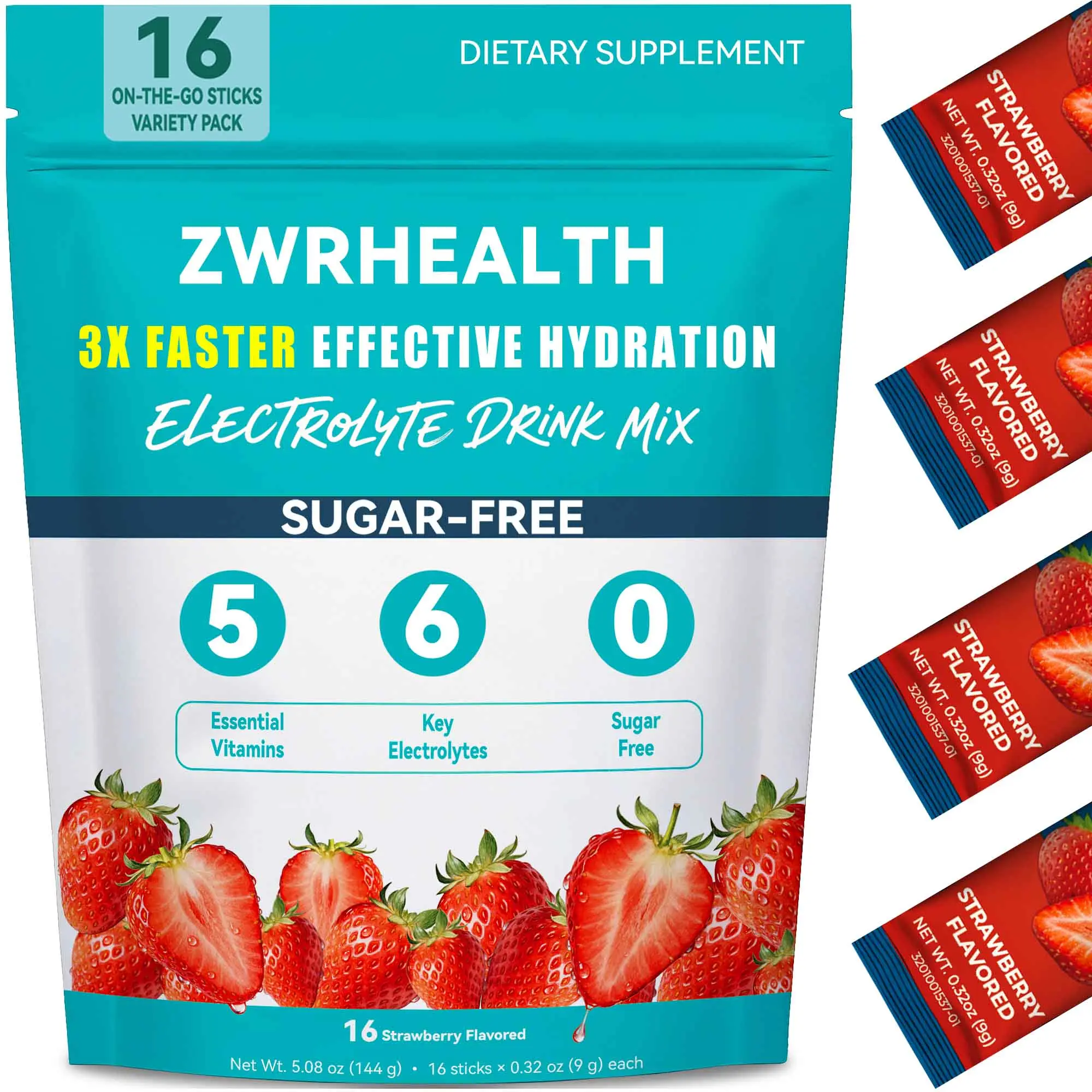 Zwrhealth Electrolyte Powder Drink Mix Packets, Sugar Free Hydration Drink, Electrolytes for Daily Hydration & Workout, 16 Stick Packs