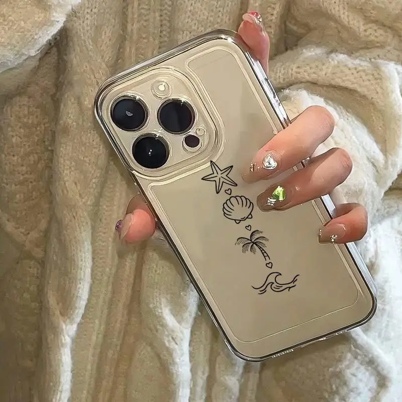 Phone Case: Starfish, Seashell, Palm Tree, Ocean Wave Lines - Suitable for iPhone 17 Pro Max Case, iPhone 15 Pro Max/14/16/15/13/12/11/17/X/XR/XS Max Series, Transparent TPU Drop-Proof, Stylish, Simple, and Beautiful Protective Cover