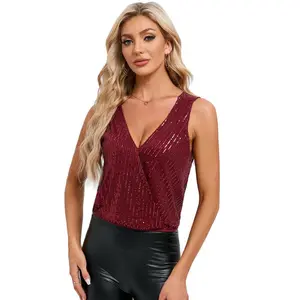 Clearlove Women's Sparkling V-Neck Backless Tank Top Sequin Glitter Sleeveless Party Vest Evening Going Out Top Burgundy L