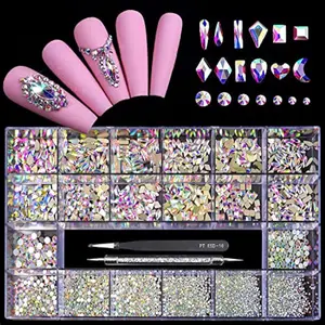12 Types of Crystal AB Diamonds + Flat Rhinestones | 2500 pcs Mix, 20 Styles – Flatback DIY Craft Rhinestone Crystals, 3D Ornaments & Flat Back Stones Set, Includes Tweezers + Drill Pen