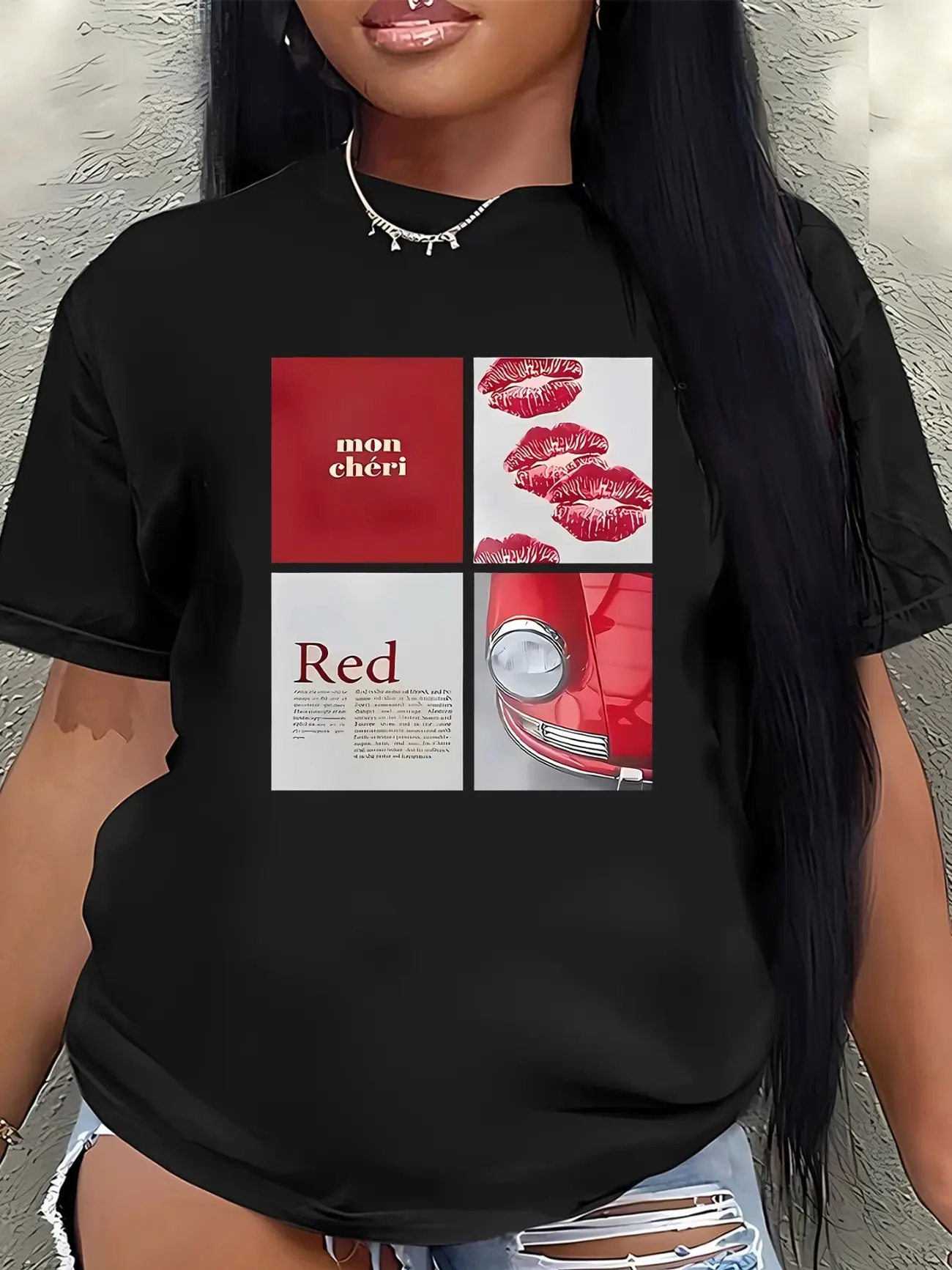 Lightweight And Durable Short-Sleeve T-Shirt Made of Featuring a Red Lip Print, Perfect for Casual Outings at Home, Restaurants, Or Outdoors, Offering a Comfortable Fit for Daily Wear