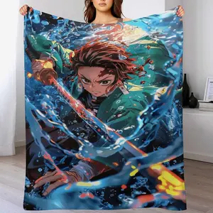 Demon Slayer Tanjiro Water Breathing Fleece Throw Blanket, Soft Cozy Anime Blanket for Couch Bed, Gift for Demon Slayer Fans & Anime Otaku