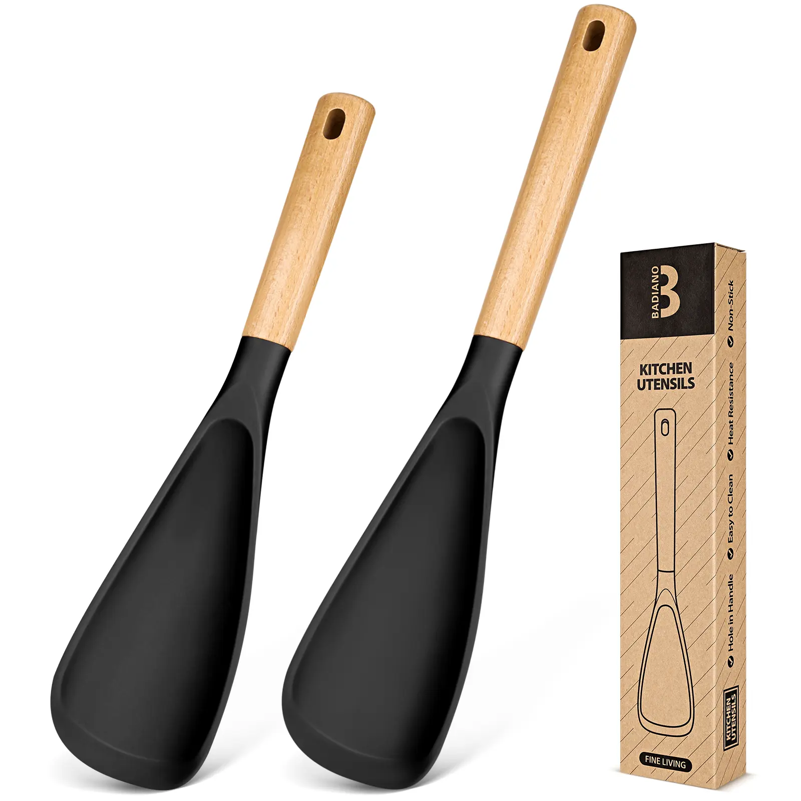 Multifunction Spatula Spoon for Nonstick Cookwares, Great for Cooking and Serving, Sturdy BPA-Free Matte Silicone, Wood Handle Spatula for Mixing, Scoop, and Scrape (2 pack,11.4" & 13.4")