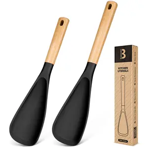 Multifunction Spatula Spoon for Nonstick Cookwares, Great for Cooking and Serving, Sturdy BPA-Free Matte Silicone, Wood Handle Spatula for Mixing, Scoop, and Scrape (2 pack,11.4" & 13.4")