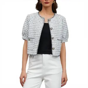 Ladyful Summer Cropped Tweed Jacket for Women Puff Short Sleeve Lightweight Tweed Blazer Button Down Work Cardigan Coat