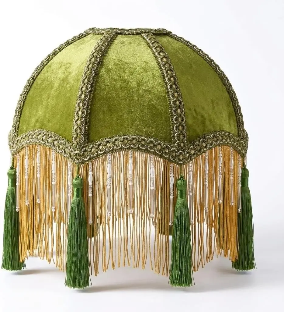 9.8 Inch Vintage Lampshade with Olive Green Velvet Tassel Victorian Fringe Beaded Handmade Scallop Bell-Shaped Replacement Shade for E26/E27 Table and Wall Lamp 1 Pack