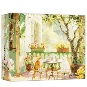 Jigsaw Puzzles for Adults 1000 Pieces, Idyllic Cats on French Country Terrace 28x20 Inch Cozy Garden Scene with Tea Set & Flowers, Relaxing Challenge for Cat Lovers