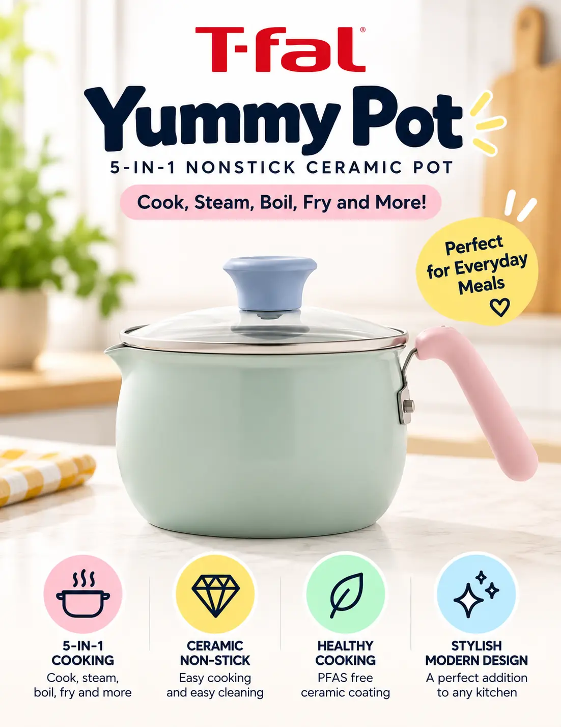 T-fal Refresh Ceramic 2.7 Qt Yummy Pot with Lid, 5-in-1 Nonstick Ceramic Pot, Built-In Strainer Lid, Oven Safe to 350°F, All Cooktops Except Induction, Multi-Color