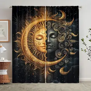 2 pieces, elegant sun and moon printed holiday curtains, daily decorative curtains with rod bag design, easy to hang and open, suitable for living room, office, bedroom, kitchen, coffee shop, holiday home (excluding rod), living room curtains