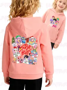Girls' Christmas Polaroid Print Hoodie with Pockets, Fitted Casual Sweatshirt, Spring & Fall Fashion, Multicolor Cartoon Design