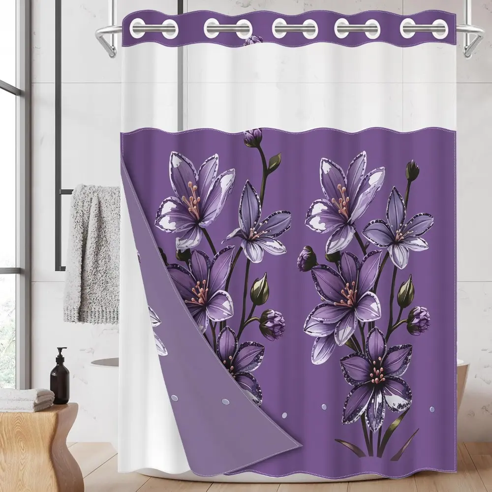 1pc hookless shower curtain with buckle lining, Floral Shower Curtains For Bathroom, spring purple floral design 2D flat print, fabric waterproof lining, 71 x 74 inches, modern home curtain Flowers Bathroom Accessory Shower Essentials