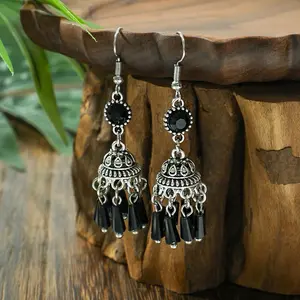 Boho Black Dangle Earrings - Indian silver Drop Earrings, Elegant Black Earrings, Ethnic Chandelier Earrings With Dangling Tassels, Bohemian Jewelry