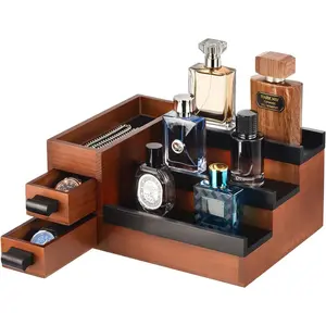 Perfume Stand Organizer for Men, 3 Tier Perfume Display Shelf with Velvet Lining Drawer and Hidden Compartment (Walnut Black - 2 Drawer)