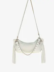 Blair Shoulder Bag, Cream Embossed Leather/Tassels