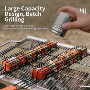 BBQ Grill Basket with Wooden Handle – Kabob Grill Cage for Skewers, Large Capacity BBQ Grilling Basket