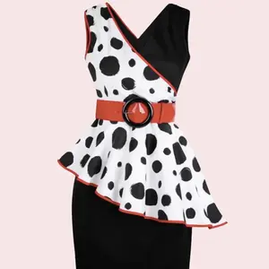 CRUELLA DEVIL Dalmatian Print Peplum Dress with Red Belt and Black Accents for Women Casual Sleeveless Vneck Summer Womenswear