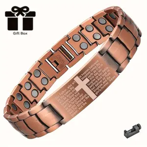 Pure copper magnetic bracelet, equipped with a 3500 Gauss magnet, featuring a cross and scripture design, adjustable health accessory, suitable for men and women, perfect gift, includes adjuster and gift boxt Spiritual Wellness King James Prayer