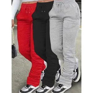 Women's flat pocket drawstring sports pants, casual and comfortable elastic waist jogging pants, suitable for daily wear, tall girls' drawstring stackable pants, loose pants, women's sports pants, four season women's underwear, women's jogging pants