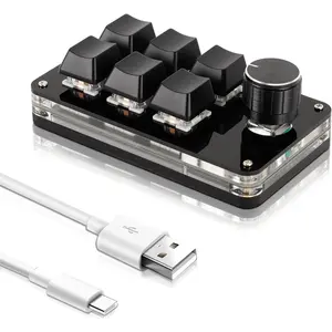 USB Mini 6-Key Keypad Mechanical Programmable Gaming Keyboard, Portable One-Handed Mechanical Macro Pad with Shortcut Programmability and Knob, for PC Gamers (Full Black)