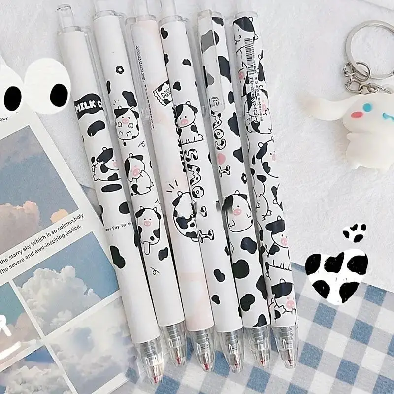 Cute Cartoon Cow Pattern Press Type Gel Pen, 6pcs 0.5mm Writing Pen, School Accessories Stationery Supplies for Students Home and Office