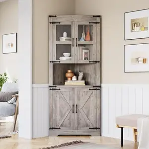 Farmhouse Corner Cabinet, Tall Corner Storage Cabinet with Glass Door & Adjustable Shelves, Bathroom Cabinet with Storage for Living Room, Kitchen, Bathroom, Washed Grey
