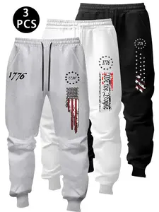 3-Pack Men's Tactical Jogger Pants with American Flag Print, Slim Fit Graphic Sweatpants for Gym Workout & Training, Durable Outdoor Sportswear Bundle