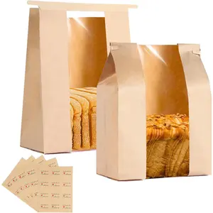 100 Pack Large Paper Bread Bags for Homemade Bread with Tin Tie Tab Lock,14" x 8.3" x 3.5" Sourdough Kraft Loaf Bag with Clear Front Window,Label Seal Sticker Included