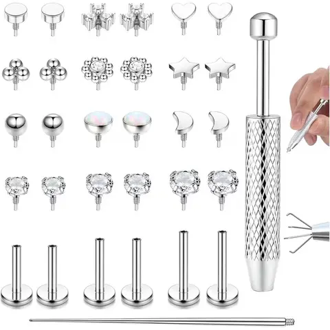 2D Flat - 32pcs 16G Labret Piercing Jewelry Surgical Steel Internally Threaded Tragus Stud CZ Flat Back Earrings Lip Bar Tragus Helix Cartilage Conch Nose Piercing 6/8/10MM