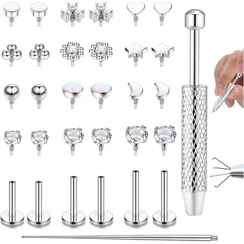 2D Flat - 32pcs 16G Labret Piercing Jewelry Surgical Steel Internally Threaded Tragus Stud CZ Flat Back Earrings Lip Bar Tragus Helix Cartilage Conch Nose Piercing 6/8/10MM summerwins