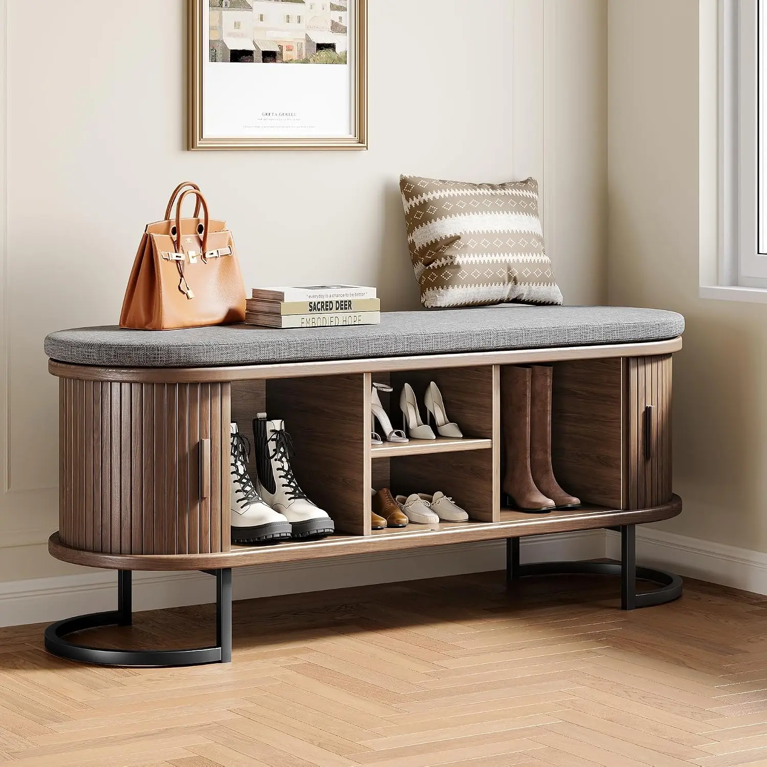 Decofy Shoe Storage Bench with Cushion and Sliding Doors, 47.2 Inch Shoe Bench with Storage, Freestanding Entryway Bench with Storage, Sturdy Metal Feet, for Hallway & Entrance Hall