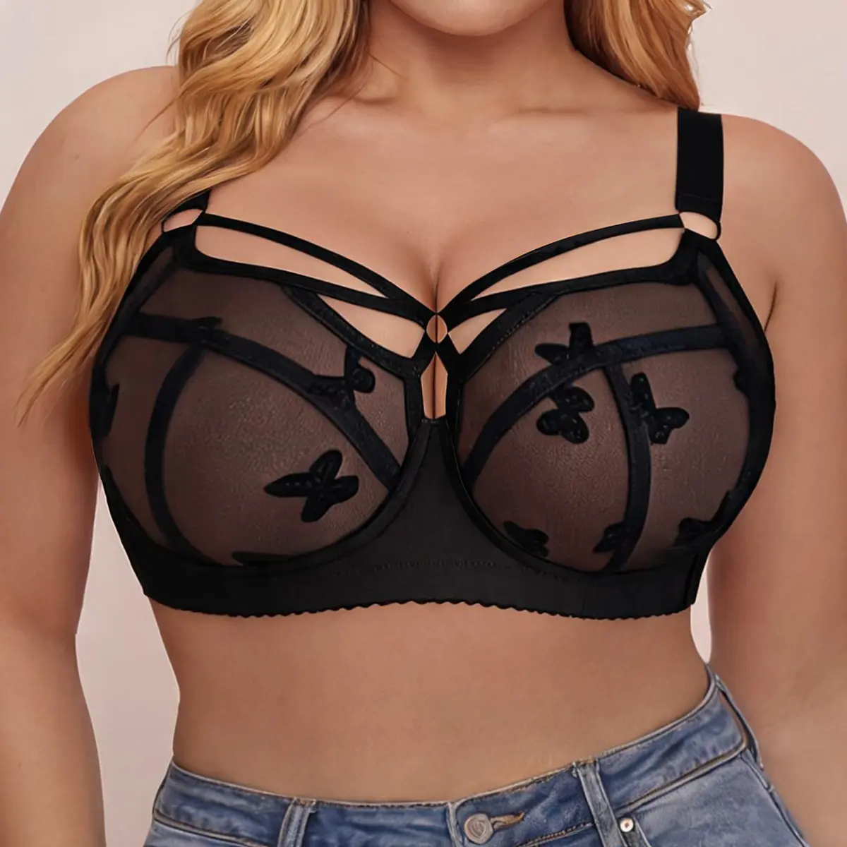 TryWish 38C-48DDD Butterfly Sexy Lace Unlined Bra Plus Size Non-padded Underwire Full Coverage Minimizer Bra for Women