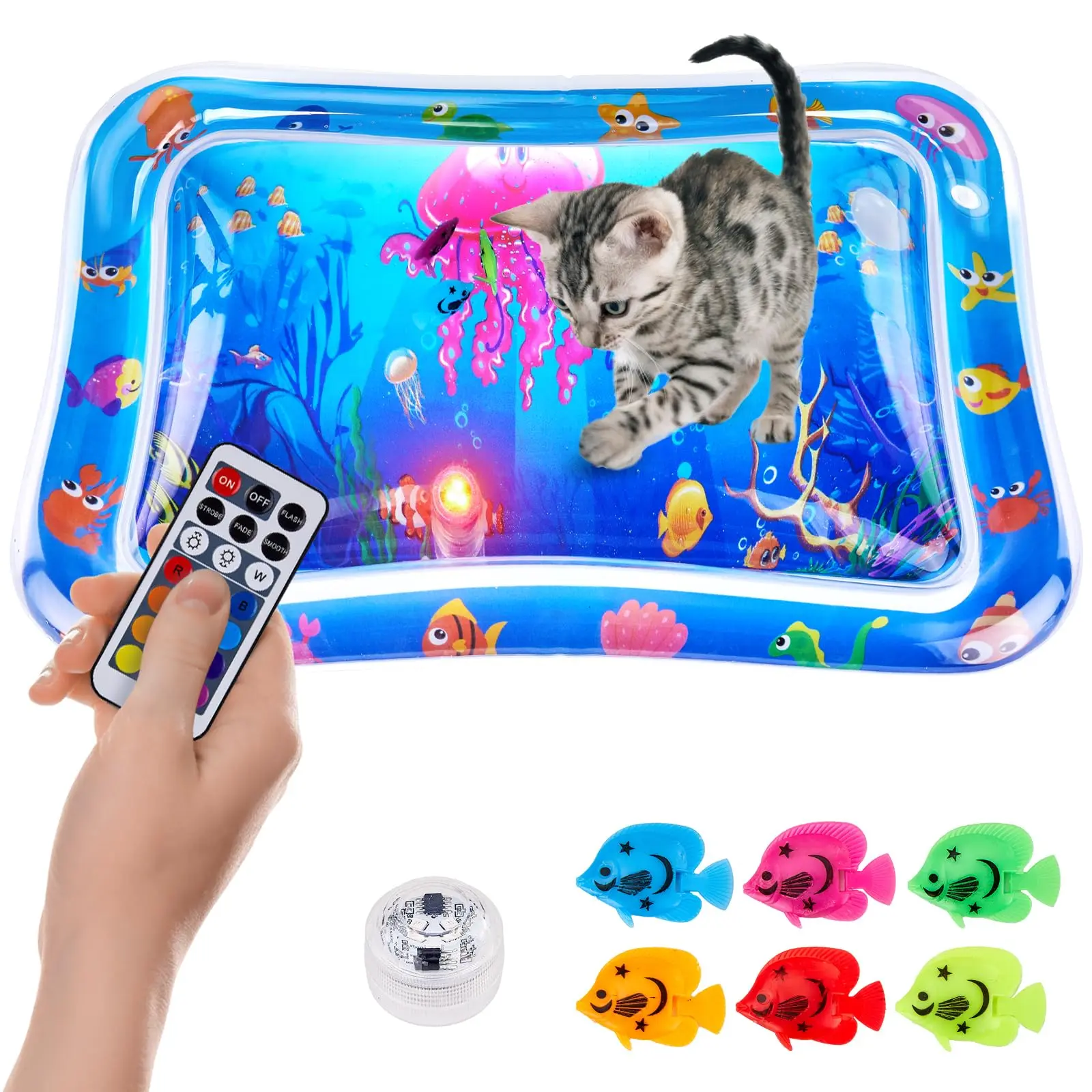 Cat Water Play Mat, Lighted Interactive Cat Toy with Floating Fish, Thickened Anti-Scratch Leak-Proof Sensory Mat,Multi-Color LED Water Sensor Pad for Indoor Cats & Kittens - Promotes Swatting, Exercise & Hunting