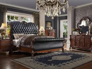 Acme 28230Q-4PC 4 pc Rosdorf Park Escarcega Dresden Antique Cherry Oak Finish Wood Queen Bed Set with Decorative Carvings and Padded Headboard and Footboard