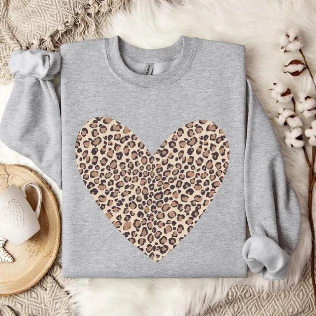 Leopard heart sweatshirt for Valentine’s Day, stylish leopard print sweater, cozy love gift for her or mom, perfect Valentine’s Day present idea today