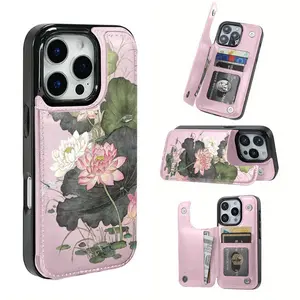 Mobile phone case: Lotus theme function protective case, built-in card clip design, can store bank cards, transportation cards and other cards, suitable for iPhone 16 Pro Max, iPhone 17/Air/16/15/14/13/12 Pro/11/XS Plus Max, and Samsung S22/S23/S24/S2