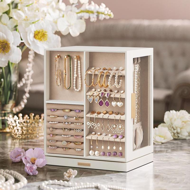 【Deals For You】SONGMICS Jewelry Box 360° Rotating, Jewelry Storage Case with 5 Drawers,Glass Window, Spacious, Open Design, Great Gift
