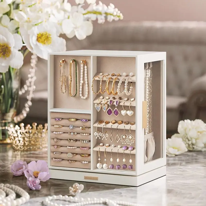 SONGMICS Jewelry Box 360° Rotating, Jewelry Storage Case with 5 Drawers,Glass Window, Spacious, Open Design, Great Gift